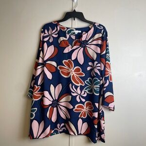 Violet  Claire Womens 2X Floral Blouse Navy Pink 3/4 Sleeve Split Neck Tunic Top